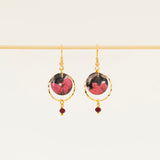 Boucles d'oreilles artisanales Palerme rouge - papier résiné fleurs profondes et pierre naturelle, fait main en France