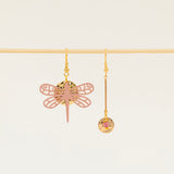 Boucles d'oreilles artisanales Bahamas rose - libellule résine ajourée et pastille dorée, fait main en France