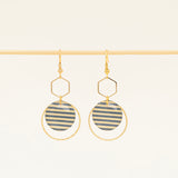 Boucles d'oreilles artisanales Cusco bleu - papier résiné rayé et laiton doré, fait main en France