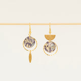 Détail boucles d'oreilles Salvador, asymétrie demi-cercle et navette laiton, disque Liberty