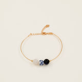 Bracelet jonc Rhodes - lapis lazuli, céramique fleurie et quartz blanc, plaqué or 24K, fait main en France