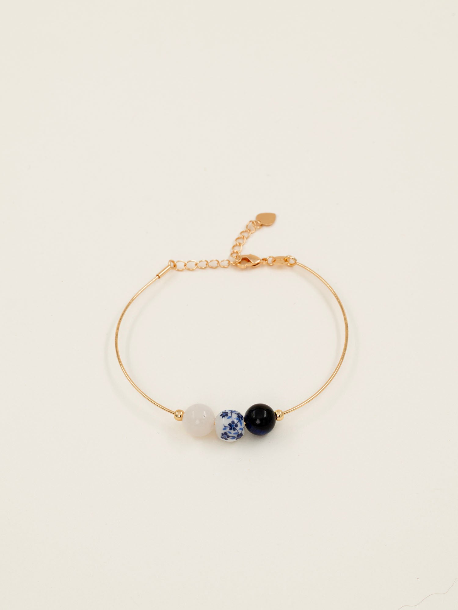 Bracelet jonc Rhodes - lapis lazuli, céramique fleurie et quartz blanc, plaqué or 24K, fait main en France