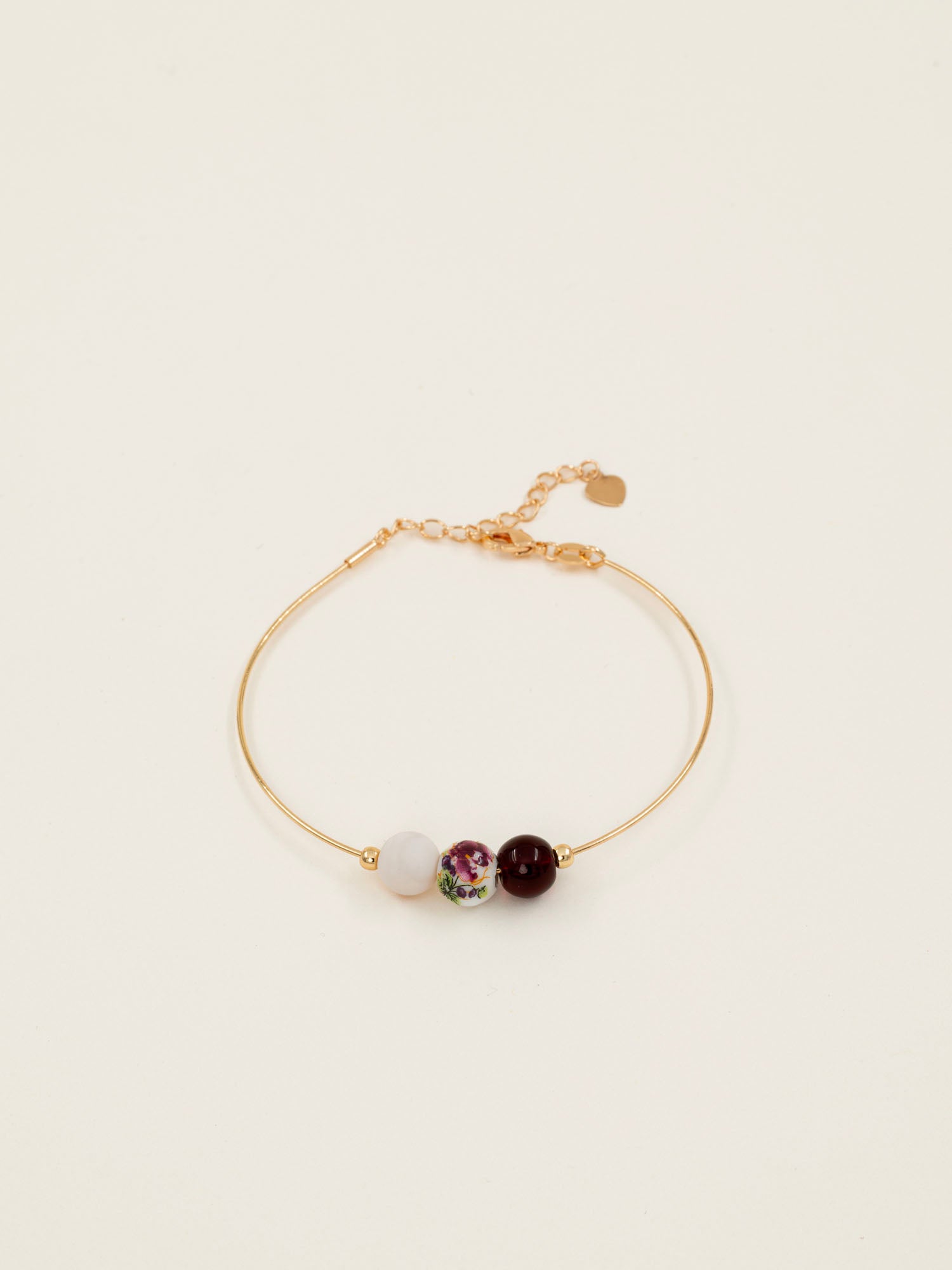 Bracelet jonc Djerba - grenat, céramique fleurie et pierre de lune, plaqué or 24K, fait main en France