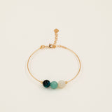 Bracelet jonc Skye - œil de tigre vert, calcite et aigue-marine, plaqué or 24K, fait main en France
