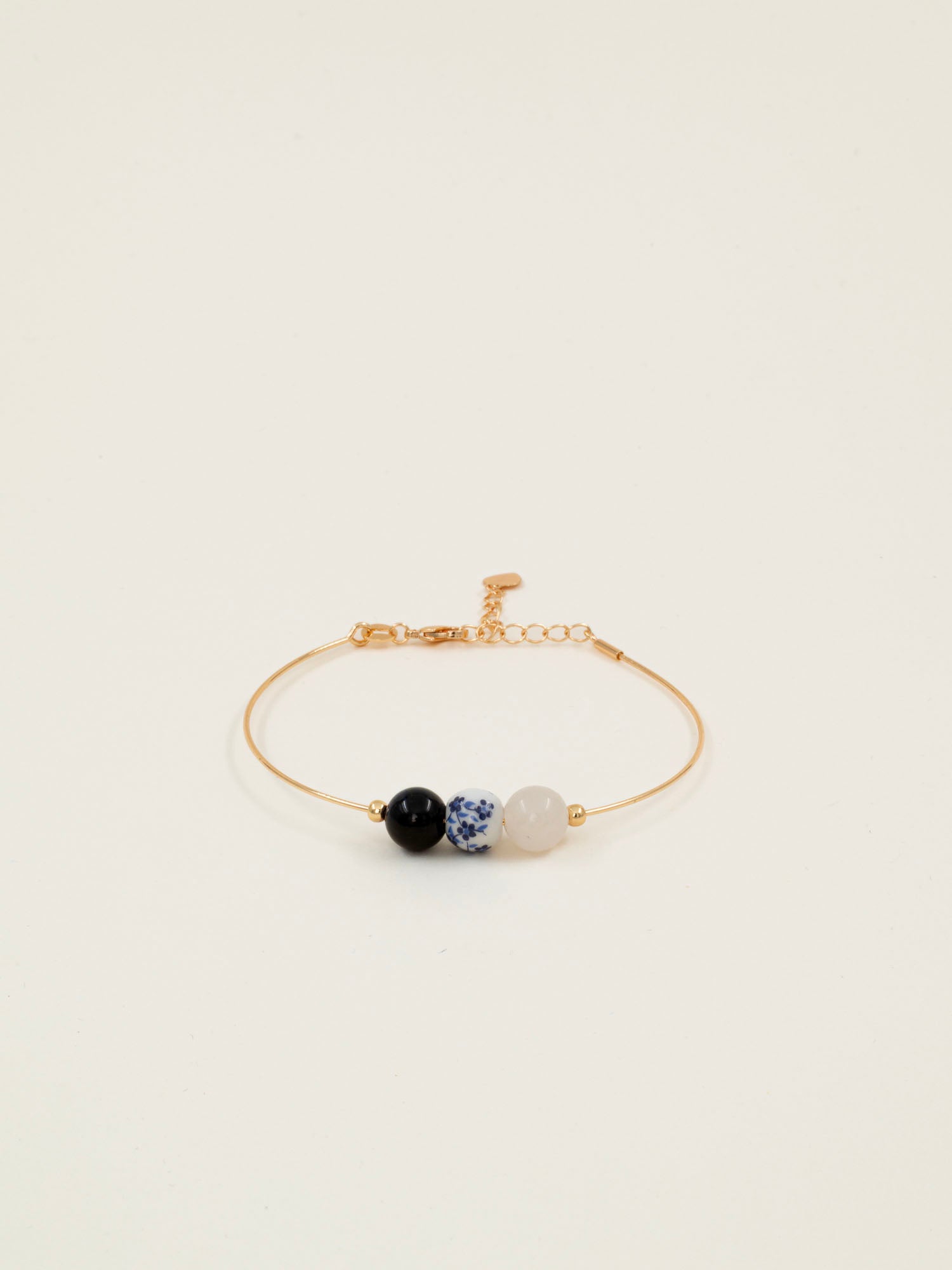 Bracelet jonc Rhodes - lapis lazuli, céramique fleurie et quartz blanc, plaqué or 24K, fait main en France