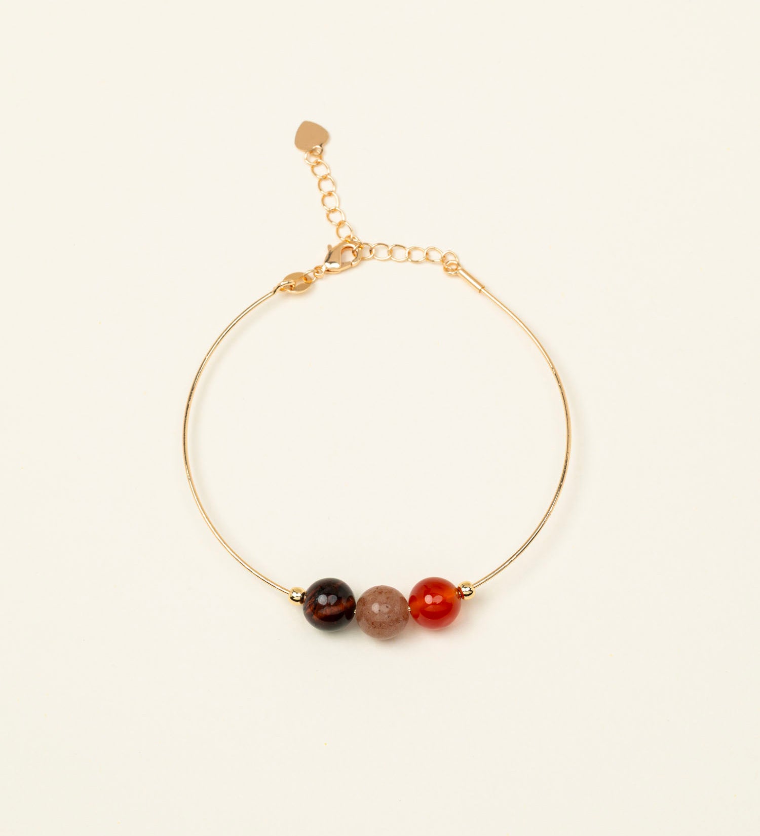 Bracelet jonc Saona - œil de tigre, pierre du soleil et agate rouge, plaqué or 24K, fait main en France