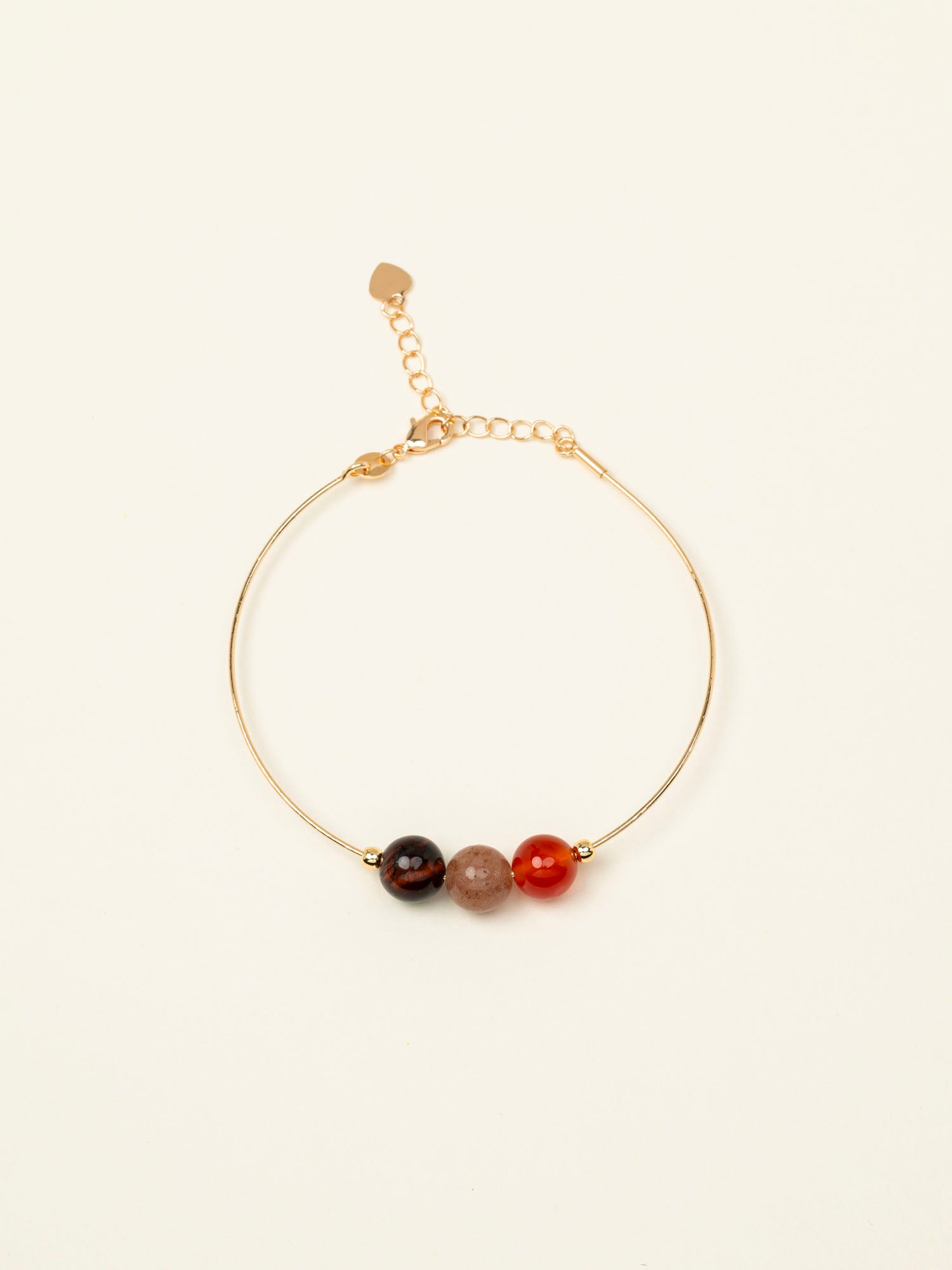Bracelet jonc Saona - œil de tigre, pierre du soleil et agate rouge, plaqué or 24K, fait main en France