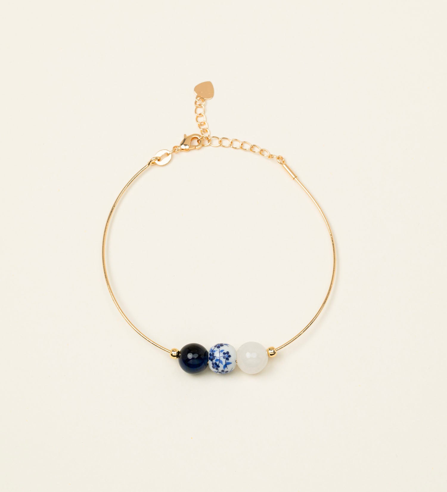 Bracelet jonc Rhodes - lapis lazuli, céramique fleurie et quartz blanc, plaqué or 24K, fait main en France