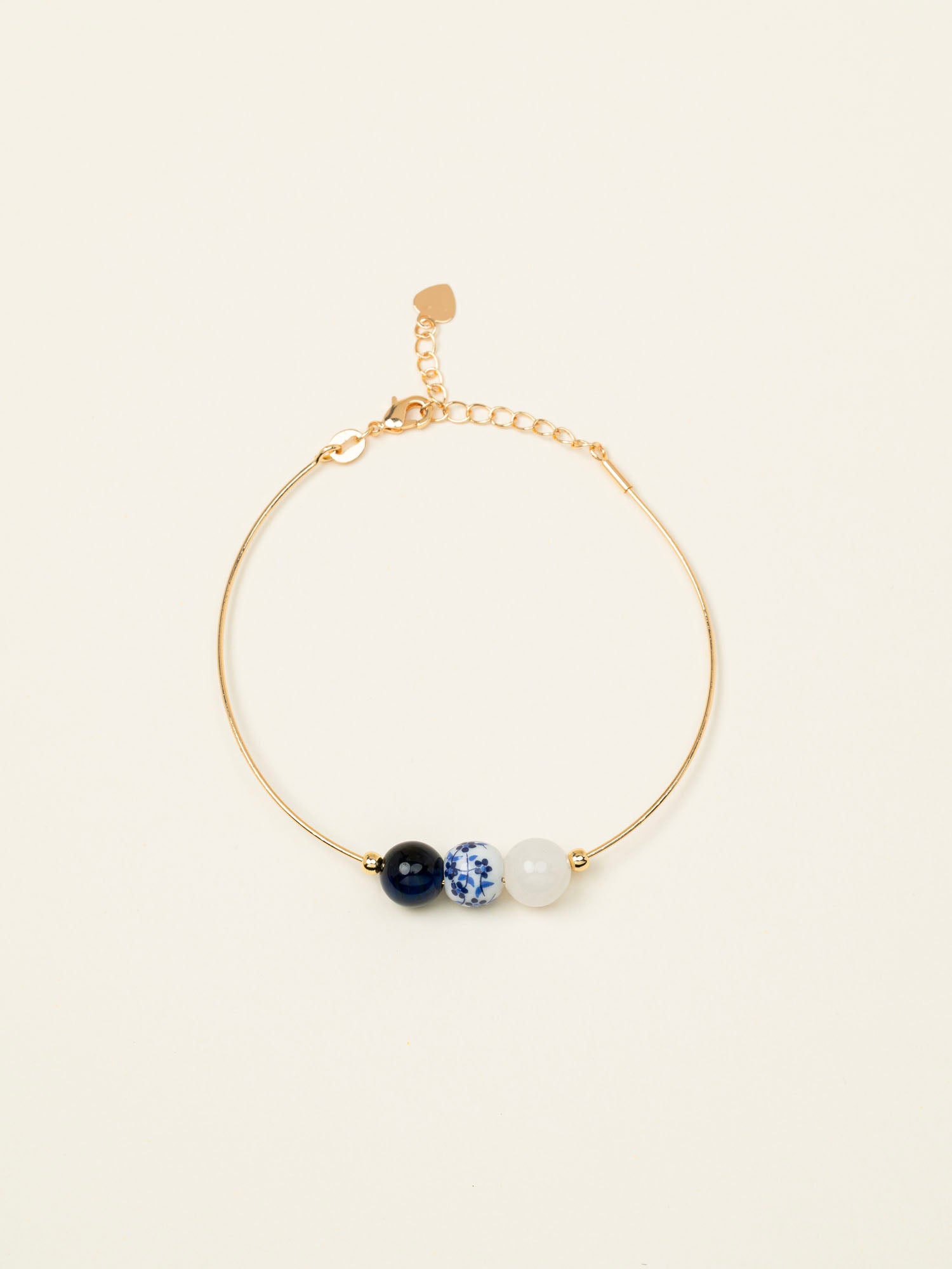 Bracelet jonc Rhodes - lapis lazuli, céramique fleurie et quartz blanc, plaqué or 24K, fait main en France