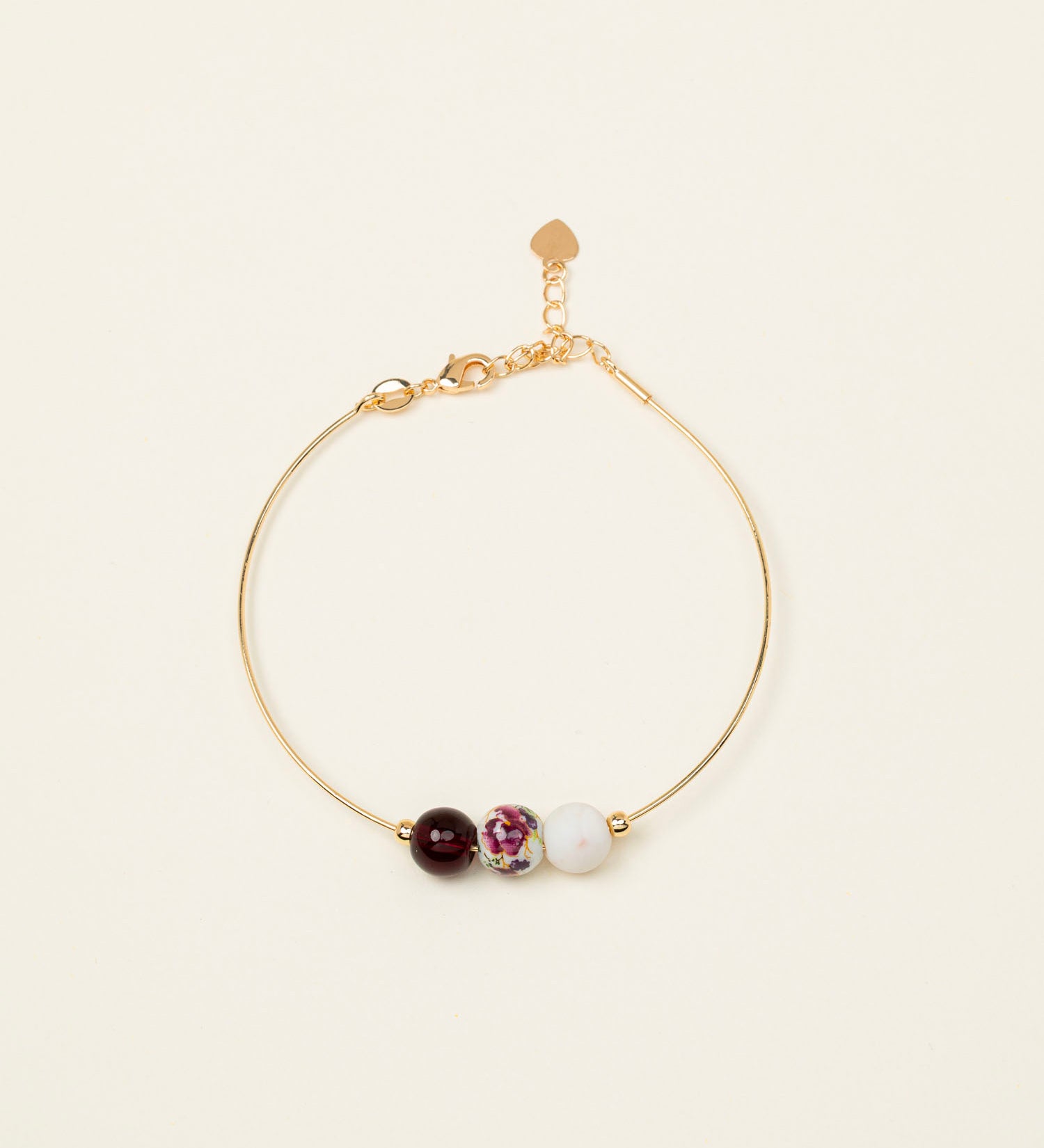 Bracelet jonc Djerba - grenat, céramique fleurie et pierre de lune, plaqué or 24K, fait main en France