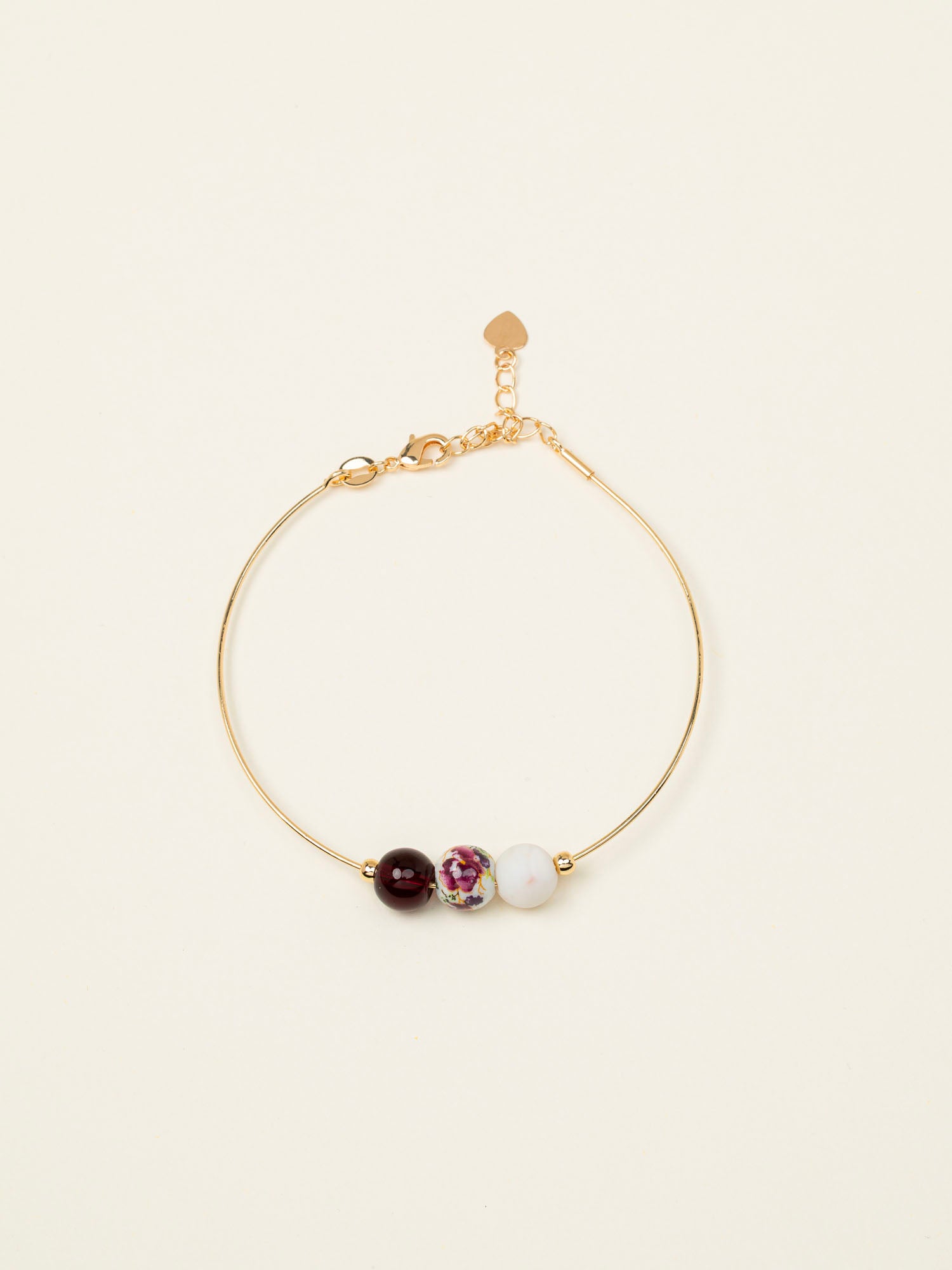 Bracelet jonc Djerba - grenat, céramique fleurie et pierre de lune, plaqué or 24K, fait main en France