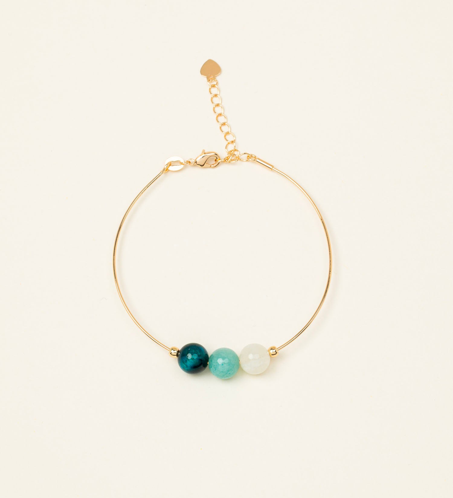 Bracelet jonc Skye - œil de tigre vert, calcite et aigue-marine, plaqué or 24K, fait main en France