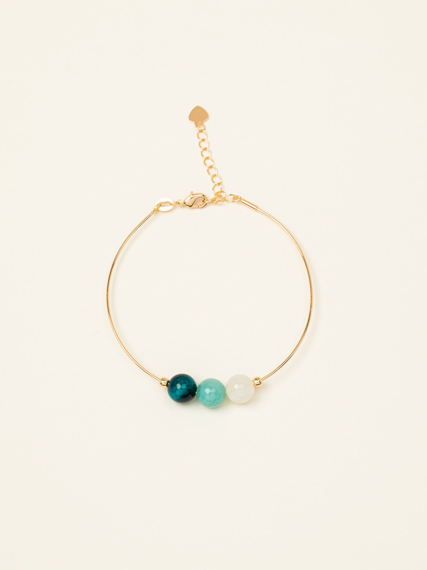 Bracelet jonc Skye - œil de tigre vert, calcite et aigue-marine, plaqué or 24K, fait main en France