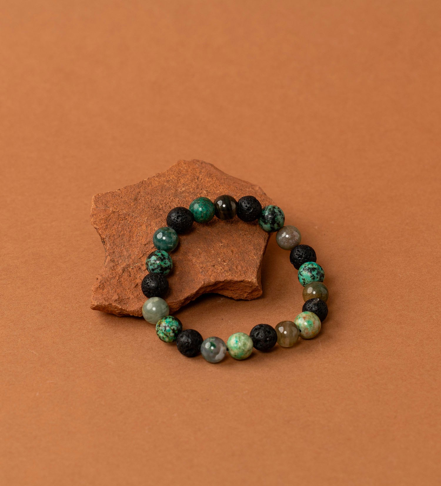 Bracelet perles Denali - pierre de lave, turquoise africaine et agate mousse, fait main en France