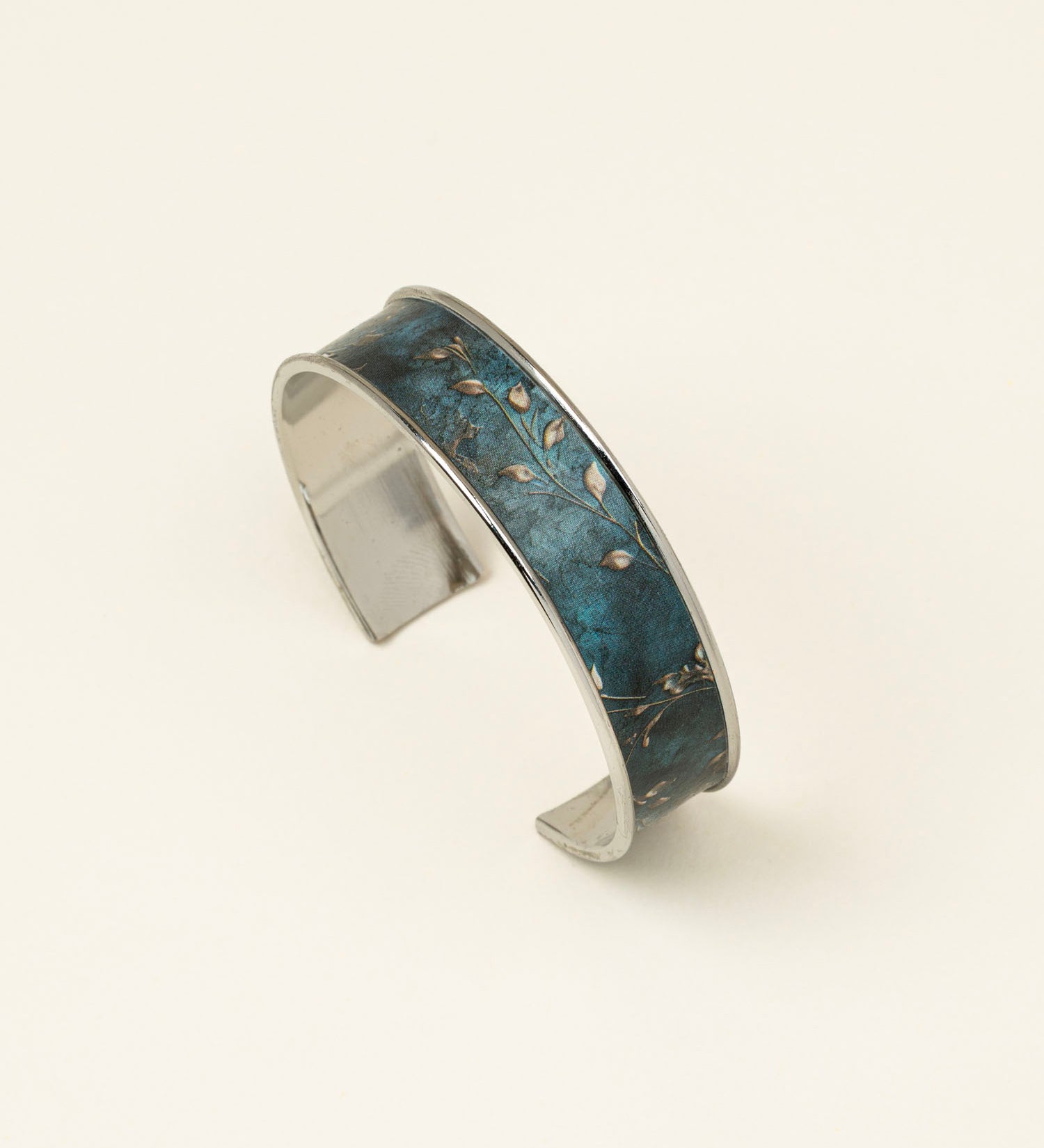 Bracelet manchette Meije - bleu ardoise marbré et feuilles dorées, fait main en France