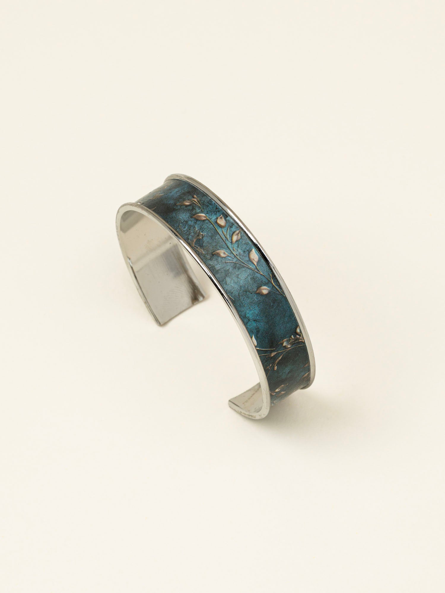 Bracelet manchette Meije - bleu ardoise marbré et feuilles dorées, fait main en France