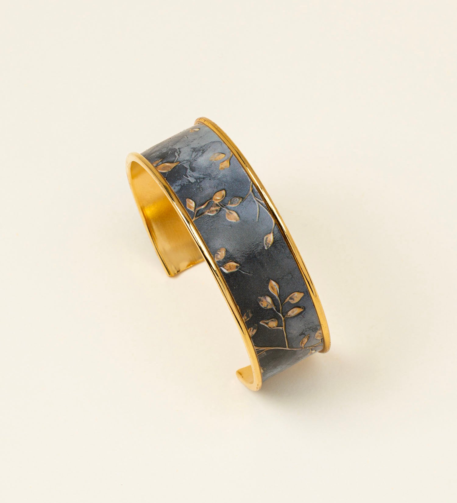 Bracelet manchette Meije - bleu ardoise marbré et feuilles dorées, fait main en France