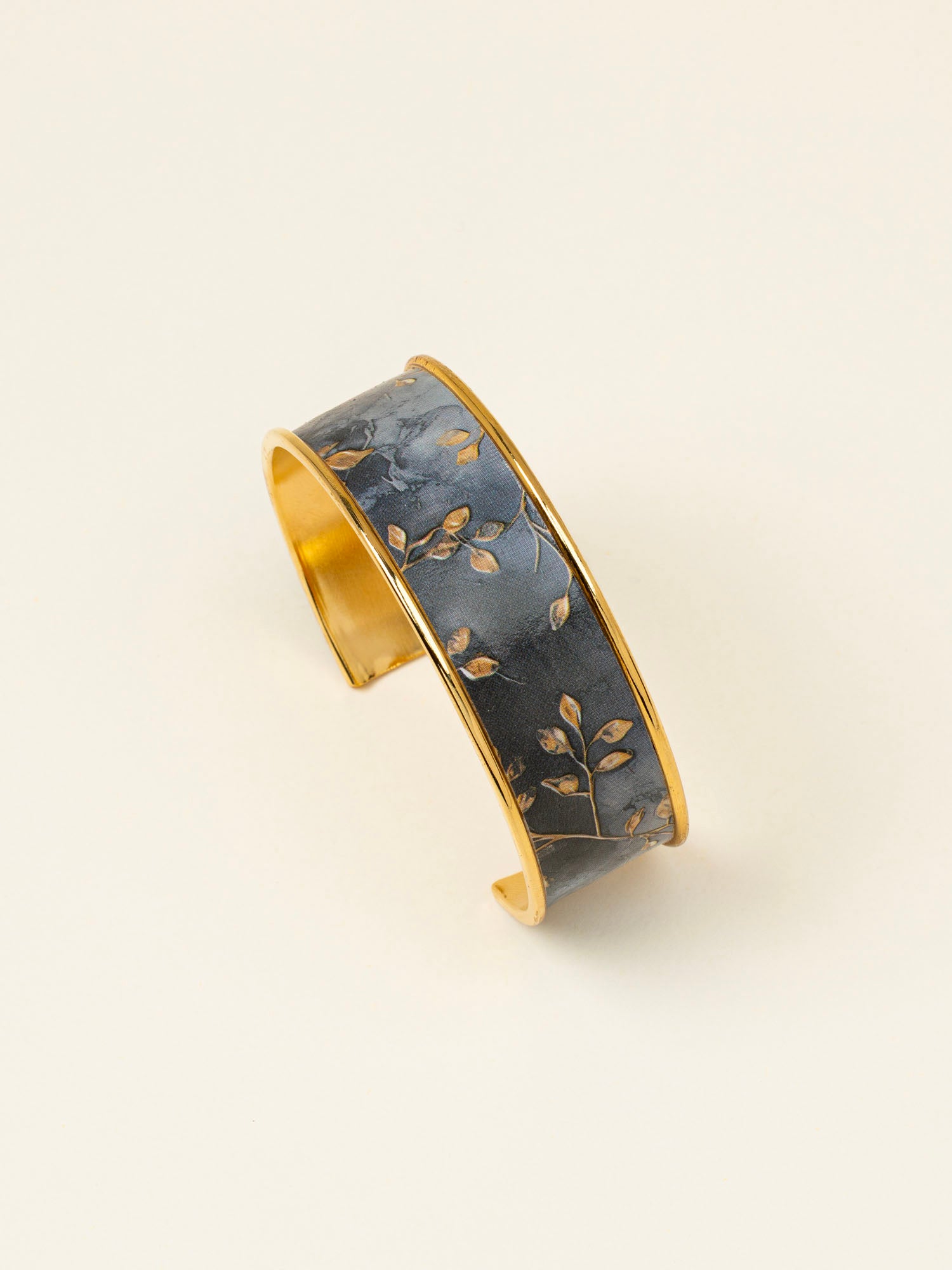 Bracelet manchette Meije - bleu ardoise marbré et feuilles dorées, fait main en France