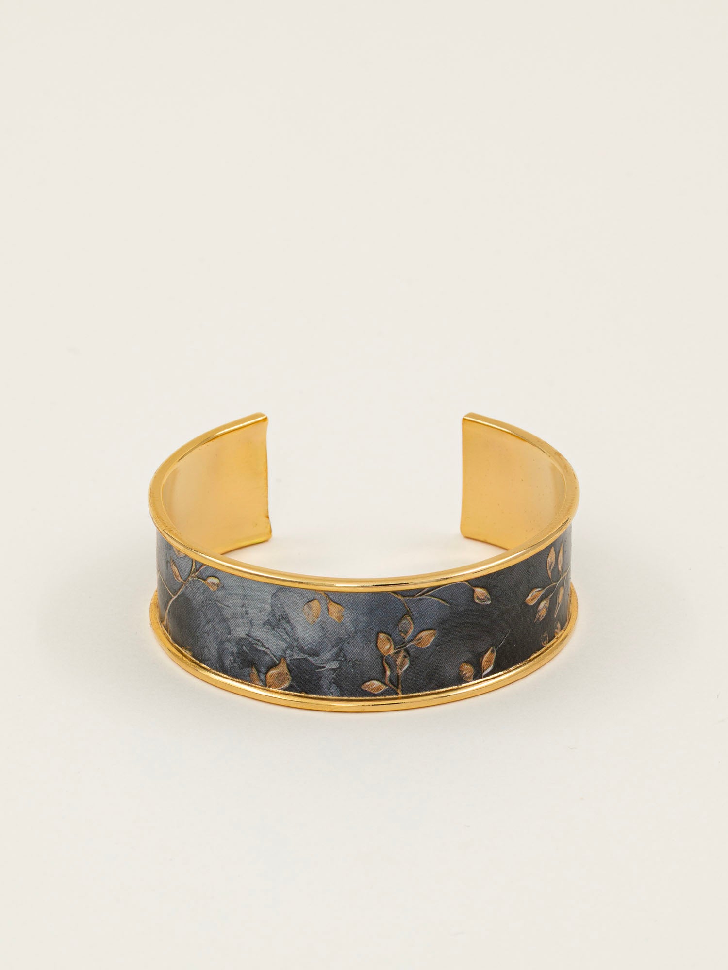 Bracelet manchette Meije - bleu ardoise marbré et feuilles dorées, fait main en France