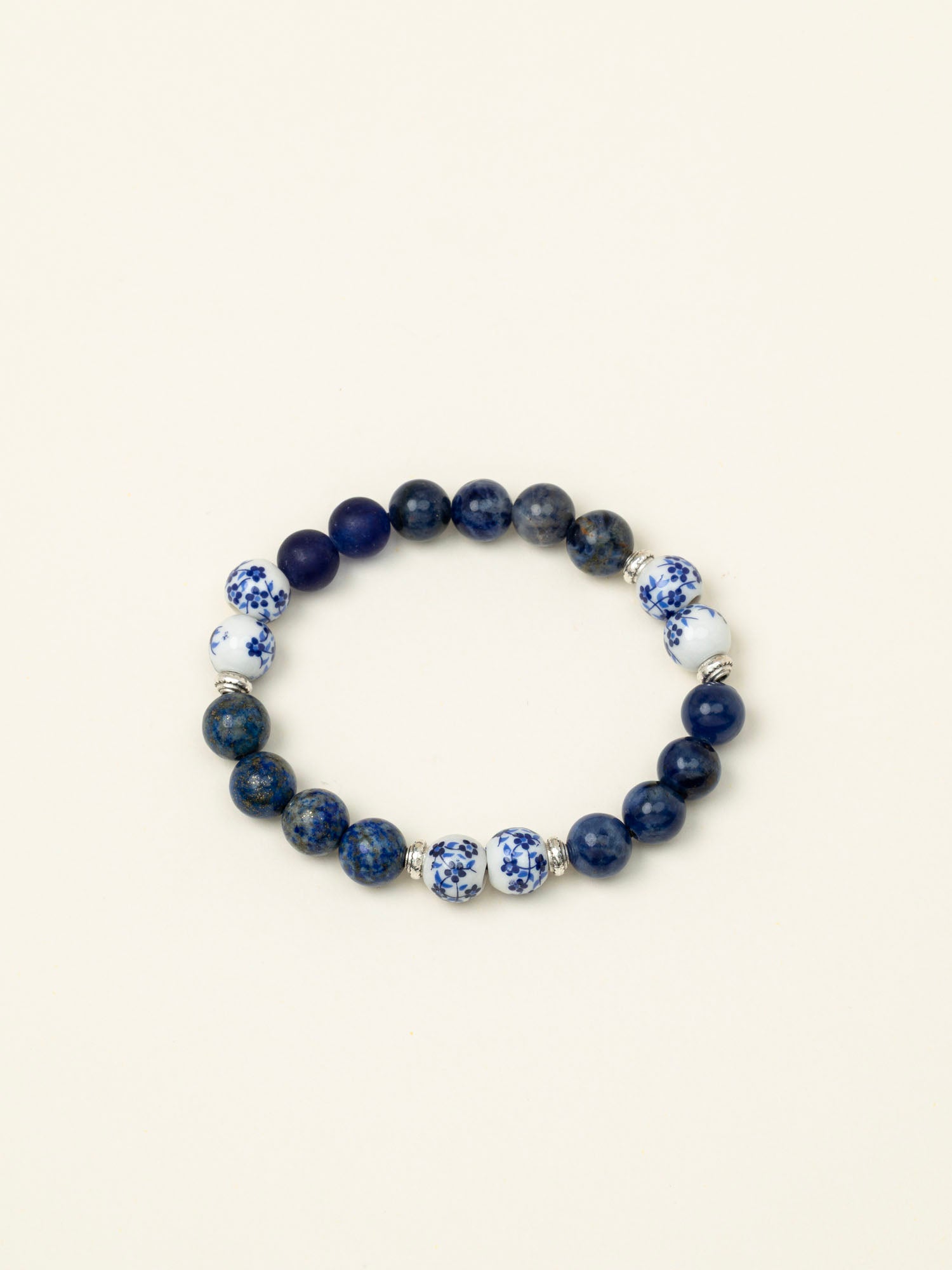 Bracelet perles Illimani — lapis lazuli et céramique fleurie, fait main en France
