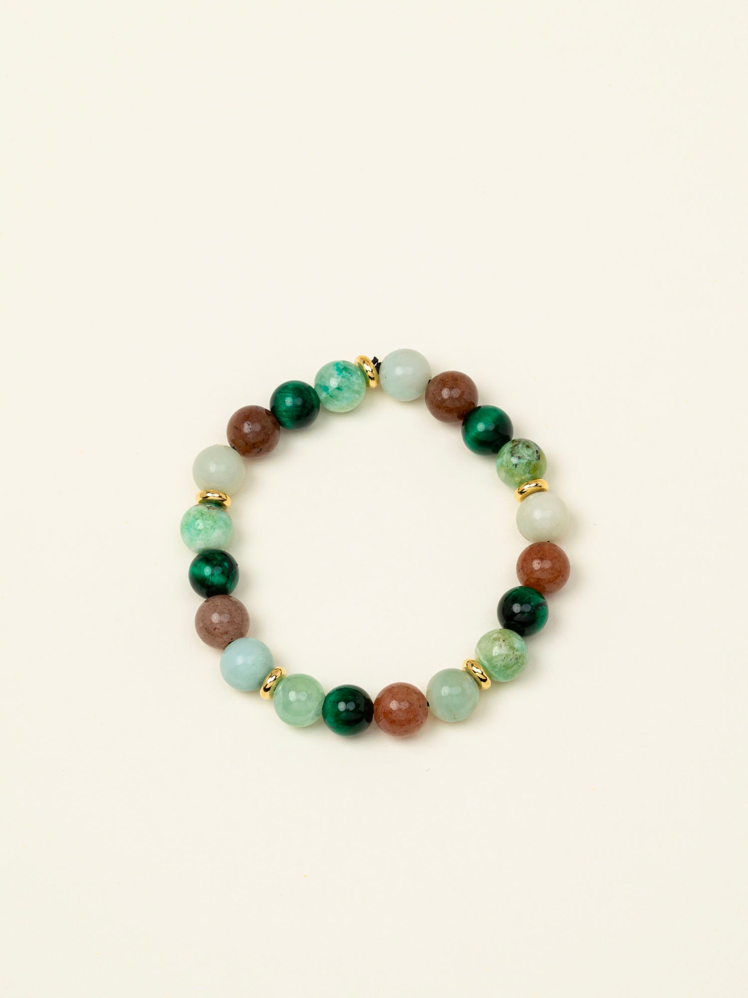 Bracelet perles Pacaya — calcite verte, œil de tigre vert et pierre de lune, fait main en France
