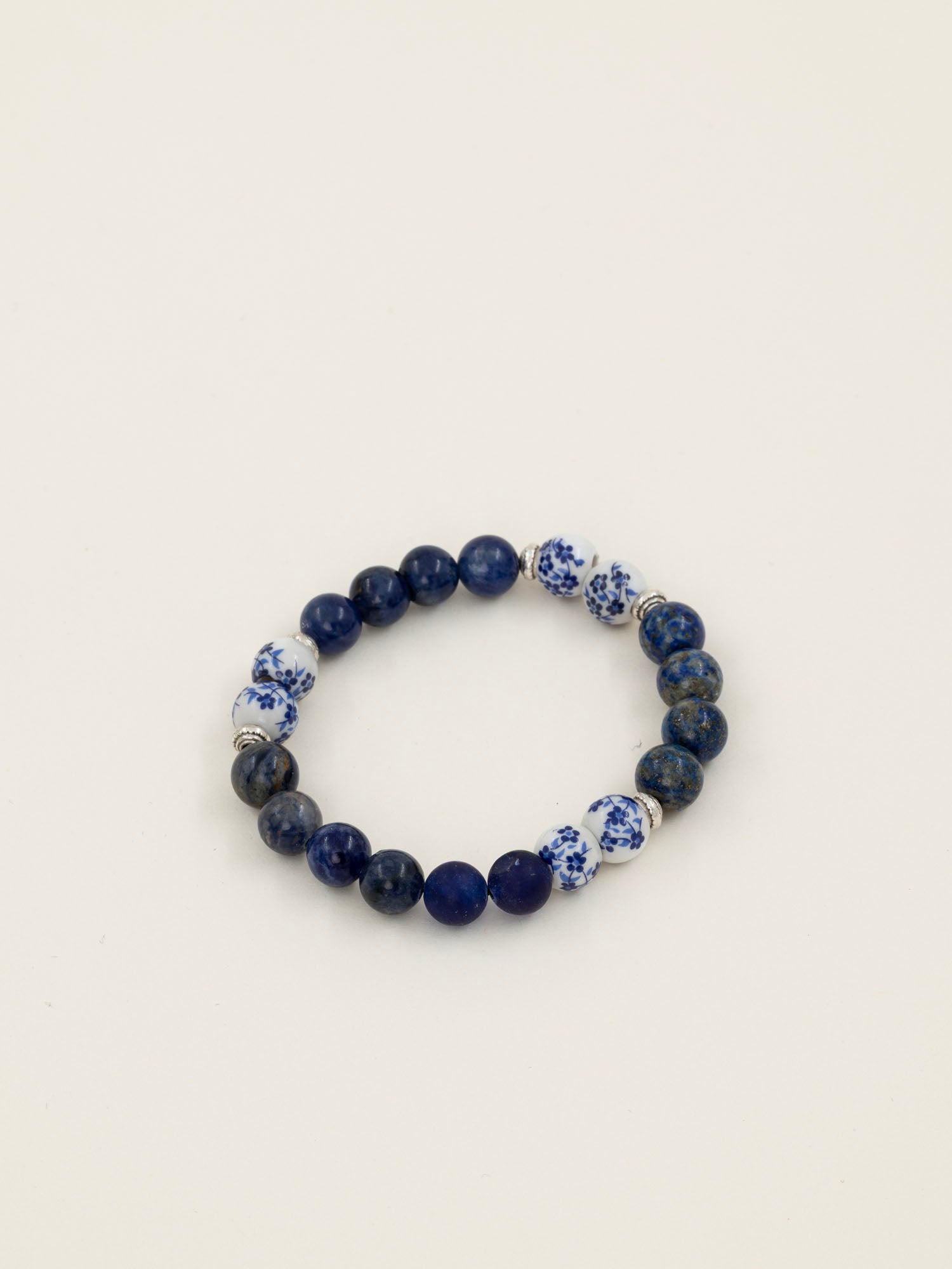 Bracelet perles Illimani — lapis lazuli et céramique fleurie, fait main en France