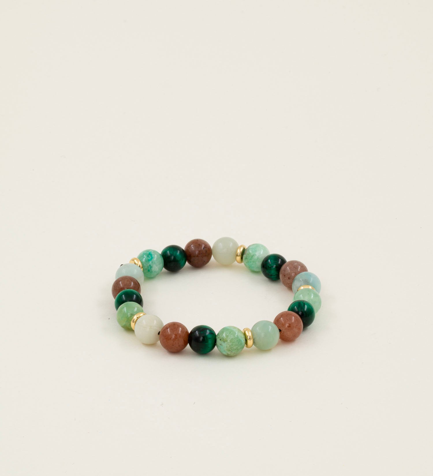 Bracelet perles Pacaya — calcite verte, œil de tigre vert et pierre de lune, fait main en France