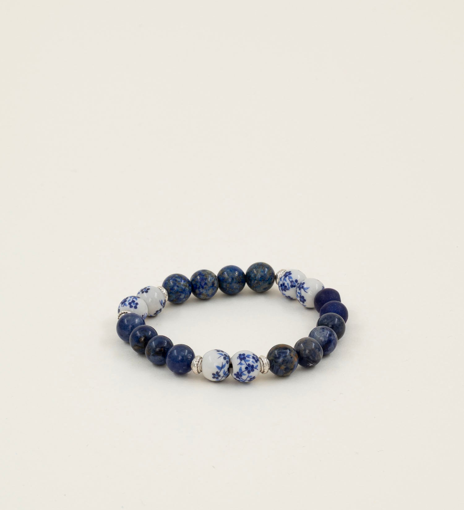 Bracelet perles Illimani — lapis lazuli et céramique fleurie, fait main en France
