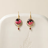 Boucles d'oreilles artisanales Palerme rouge - papier résiné fleurs profondes et pierre naturelle, fait main en France